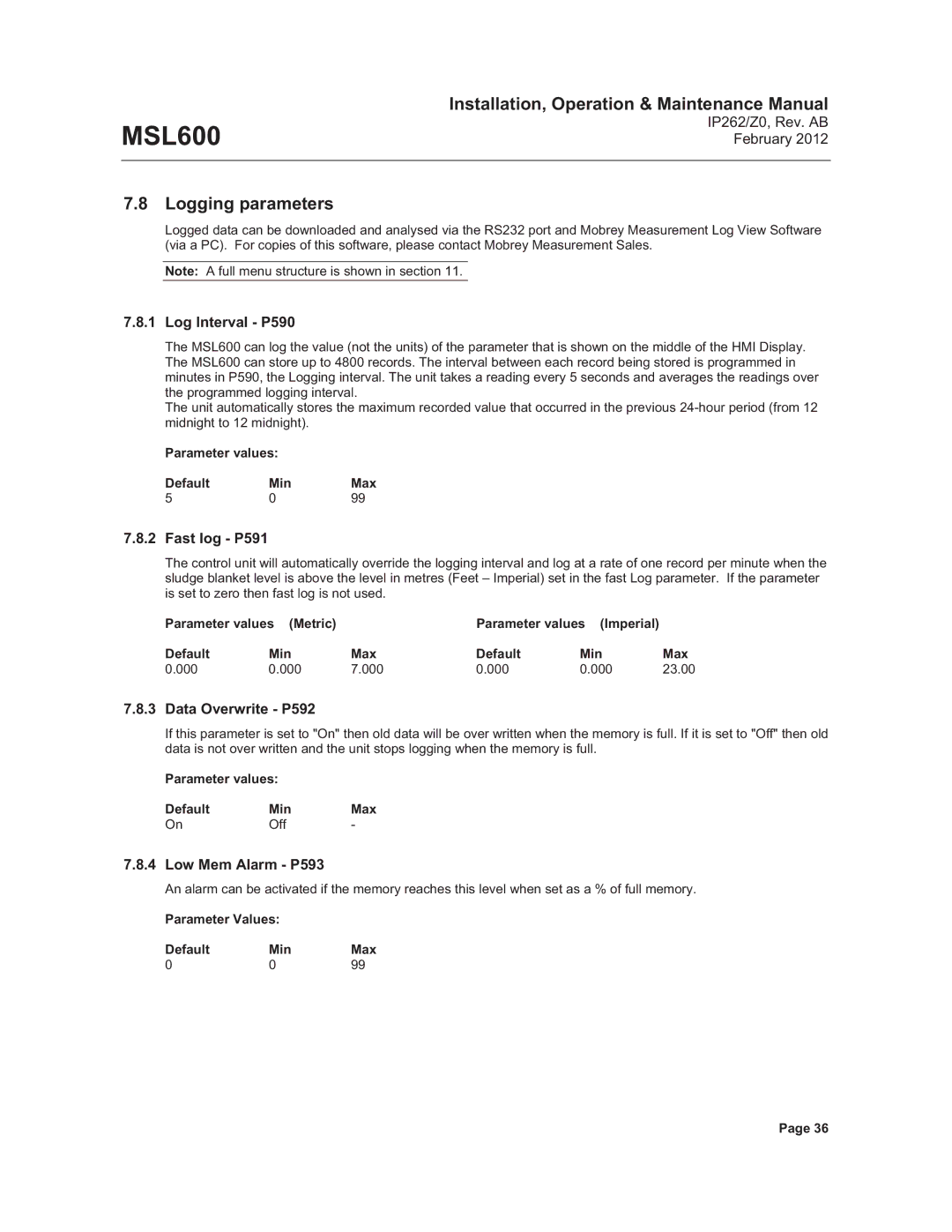 Emerson Process Management MSL600 manual Logging parameters, Log Interval P590, Fast log P591, Data Overwrite P592 