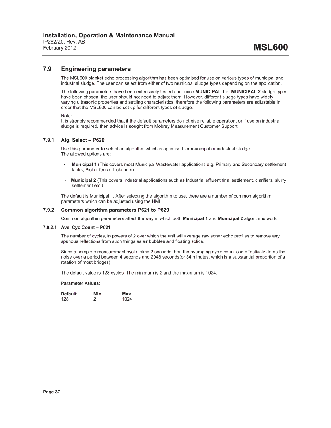 Emerson Process Management MSL600 Engineering parameters, 1 Alg. Select P620, Common algorithm parameters P621 to P629 