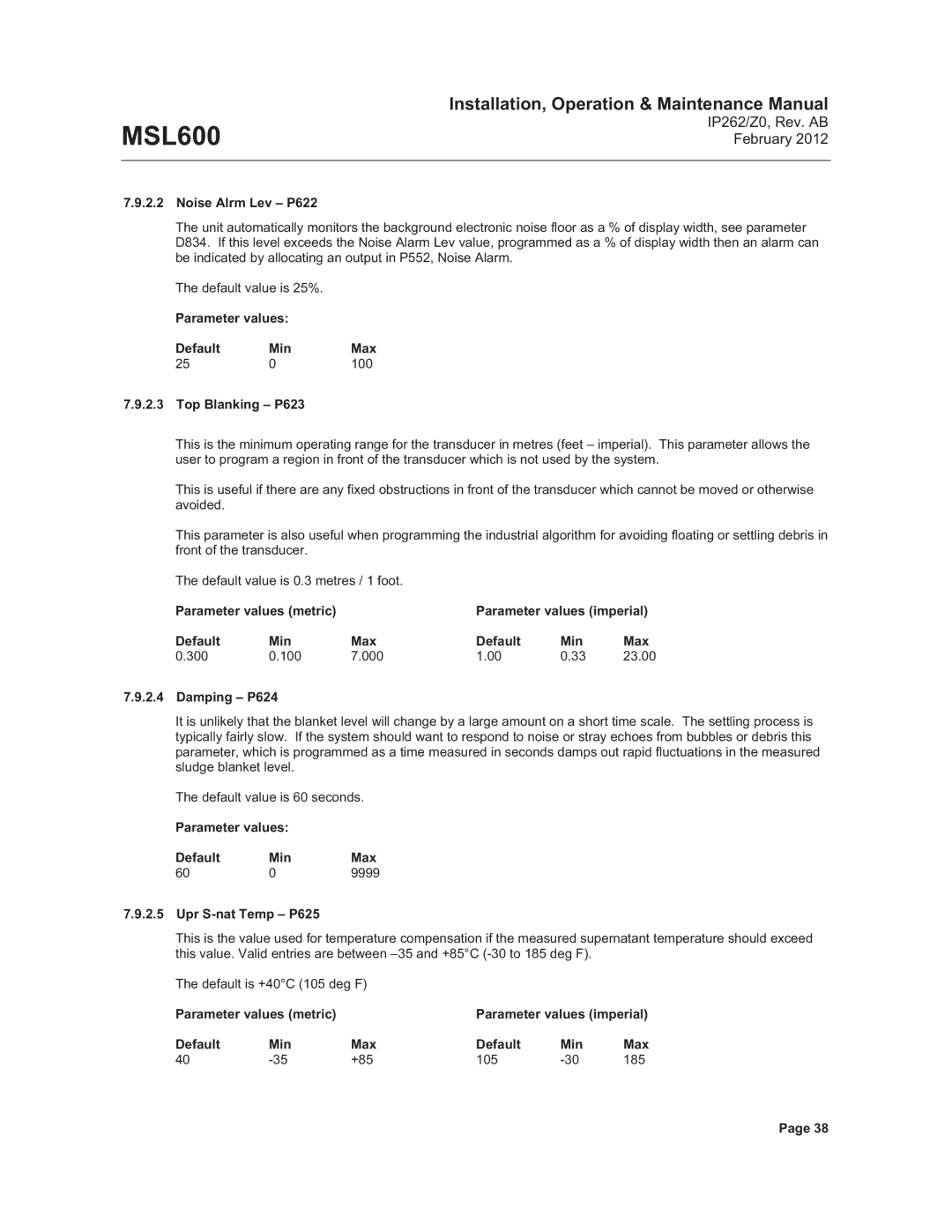 Emerson Process Management MSL600 manual Noise Alrm Lev P622, Parameter values Default Min Max 100 Top Blanking P623 