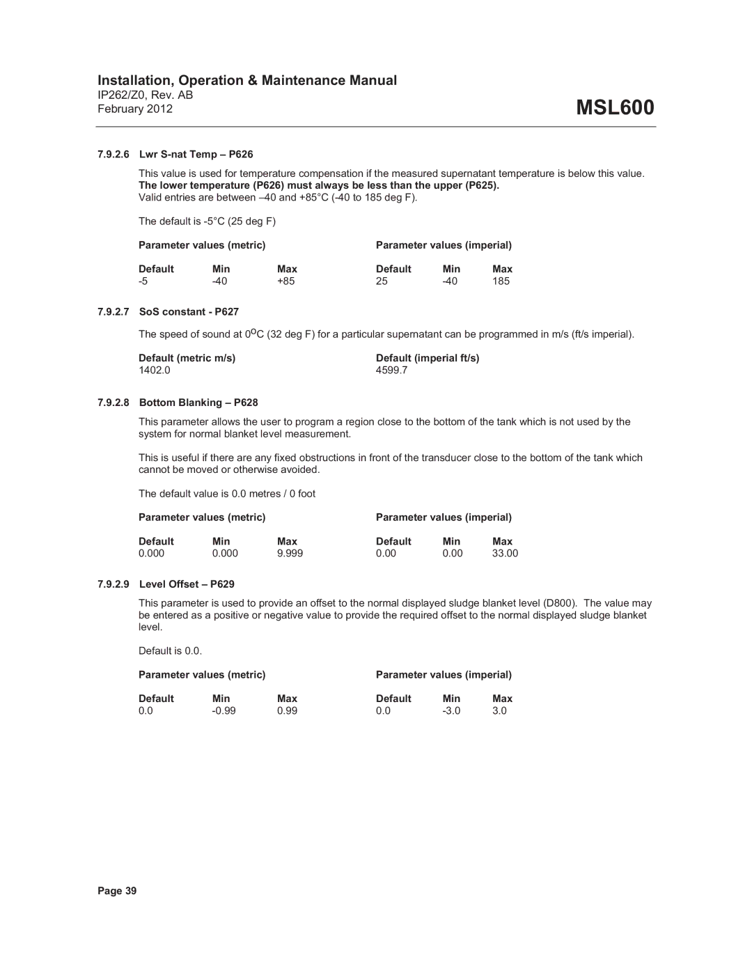 Emerson Process Management MSL600 manual Lwr S-nat Temp P626, Default Min Max +85 185 SoS constant P627, Default metric m/s 