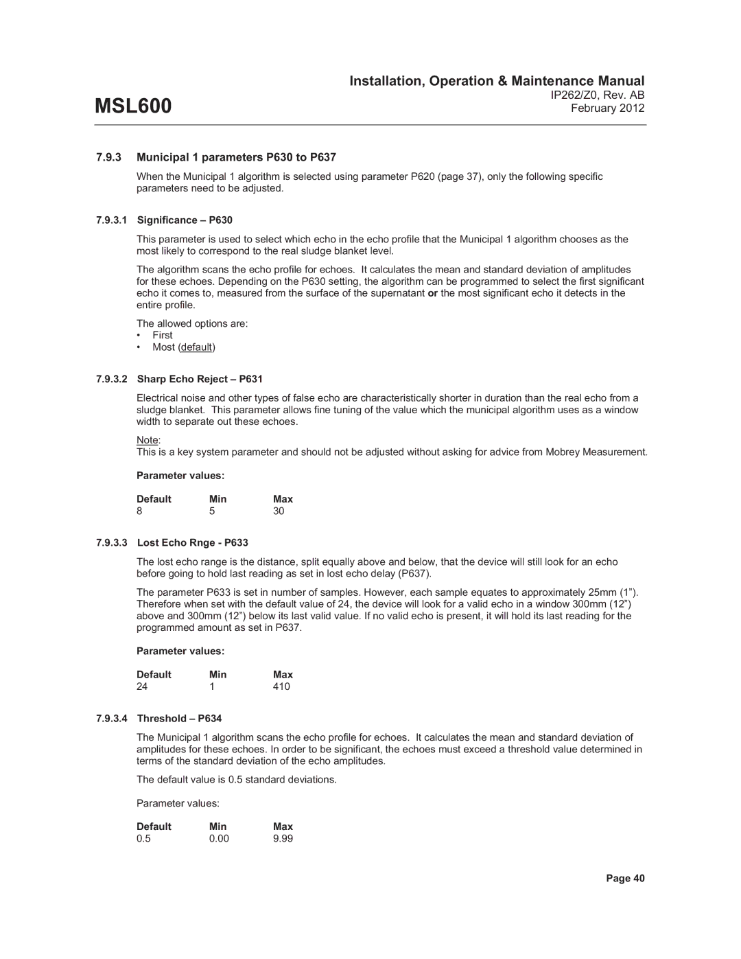 Emerson Process Management MSL600 manual Municipal 1 parameters P630 to P637, Significance P630, Sharp Echo Reject P631 