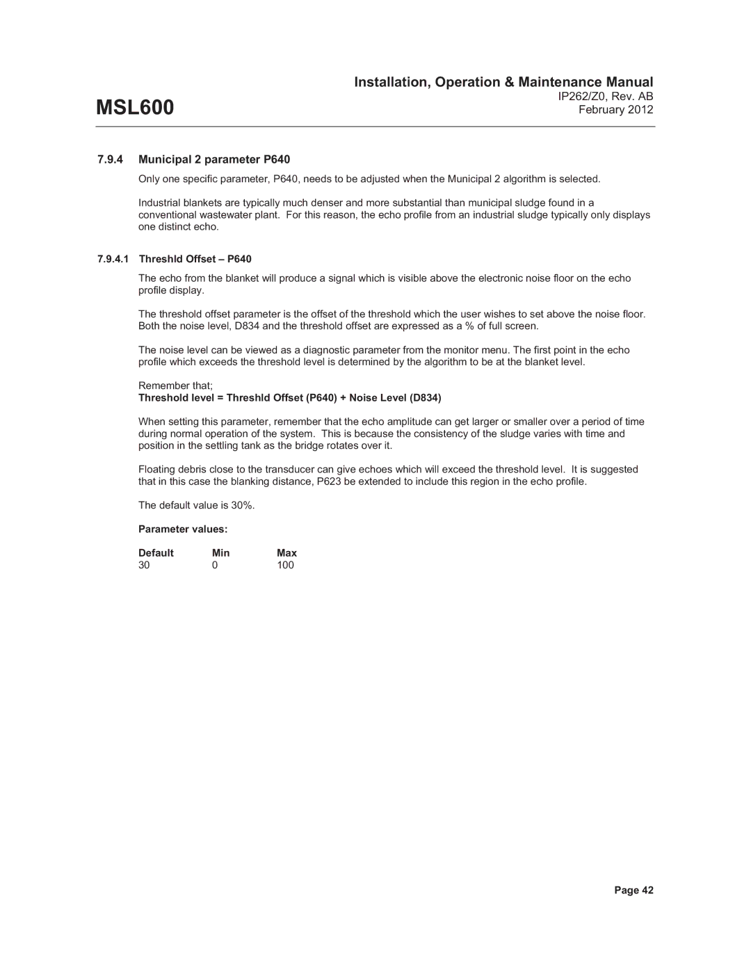 Emerson Process Management MSL600 Municipal 2 parameter P640, Threshld Offset P640, Parameter values Default Min Max 100 