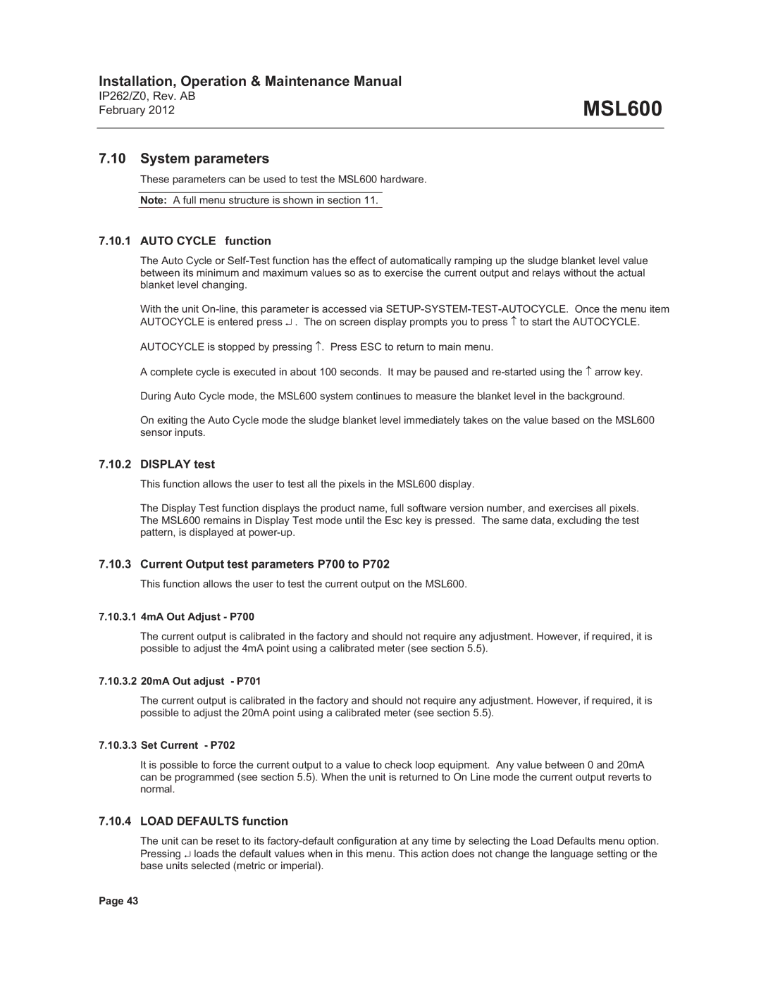 Emerson Process Management MSL600 manual System parameters, Auto Cycle function, Display test, Load Defaults function 