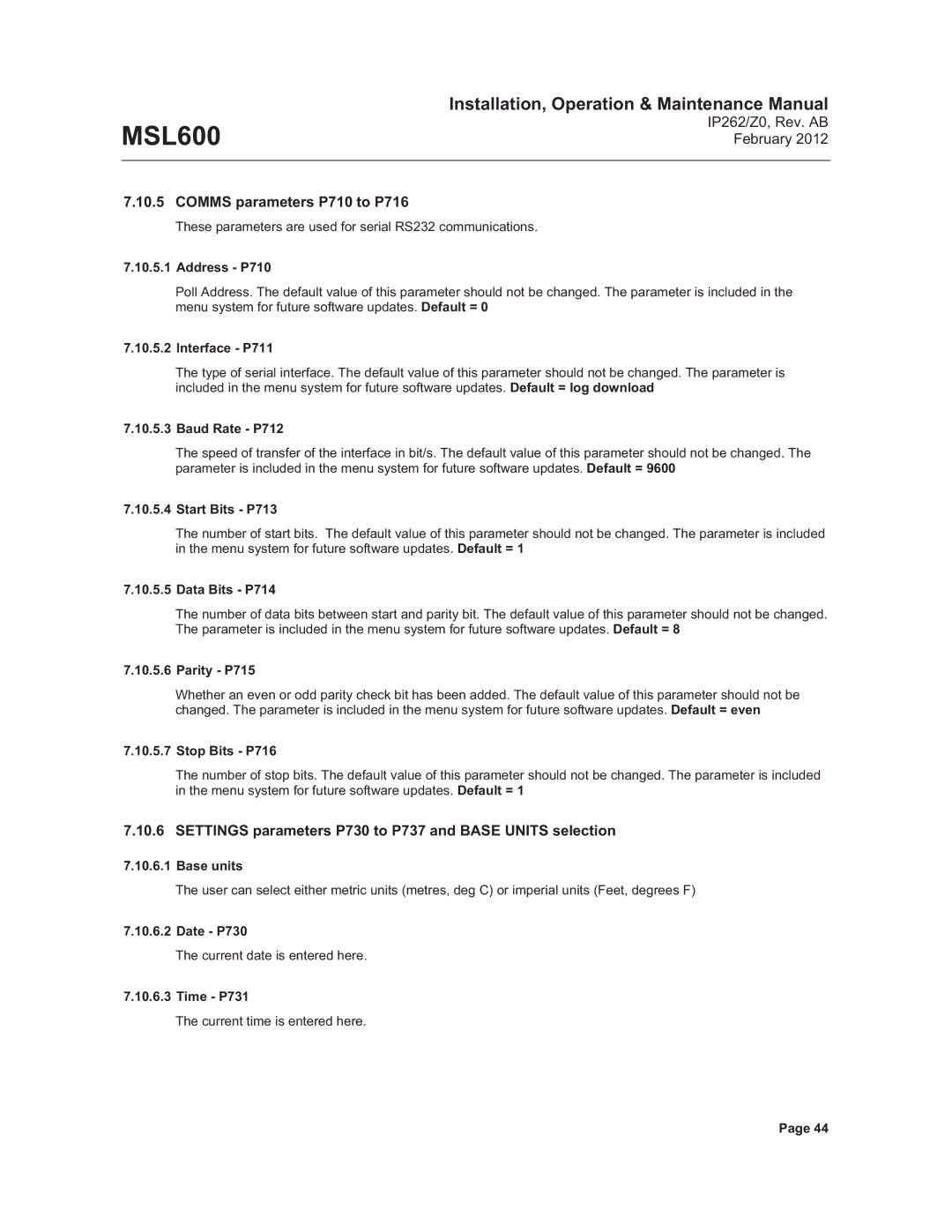 Emerson Process Management MSL600 Comms parameters P710 to P716, Settings parameters P730 to P737 and Base Units selection 