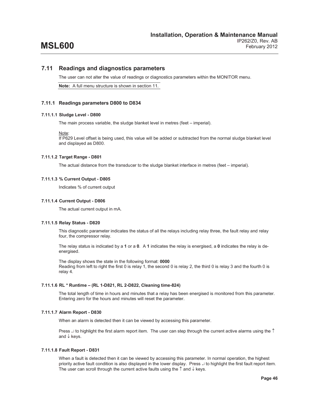 Emerson Process Management MSL600 manual Readings and diagnostics parameters, Readings parameters D800 to D834 