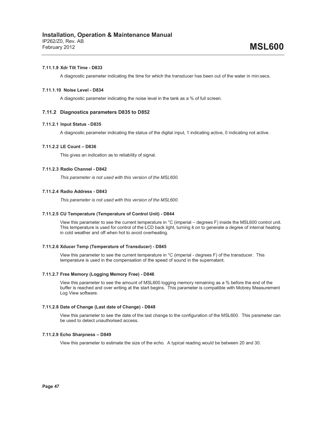 Emerson Process Management MSL600 manual Diagnostics parameters D835 to D852 