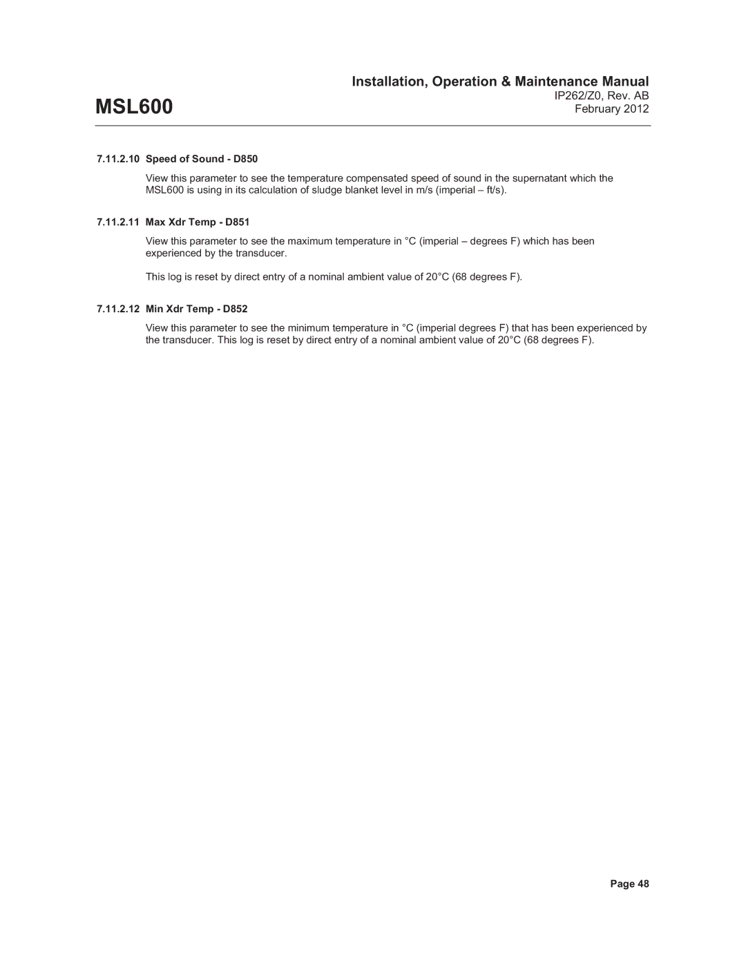 Emerson Process Management MSL600 manual Speed of Sound D850, Max Xdr Temp D851, Min Xdr Temp D852 