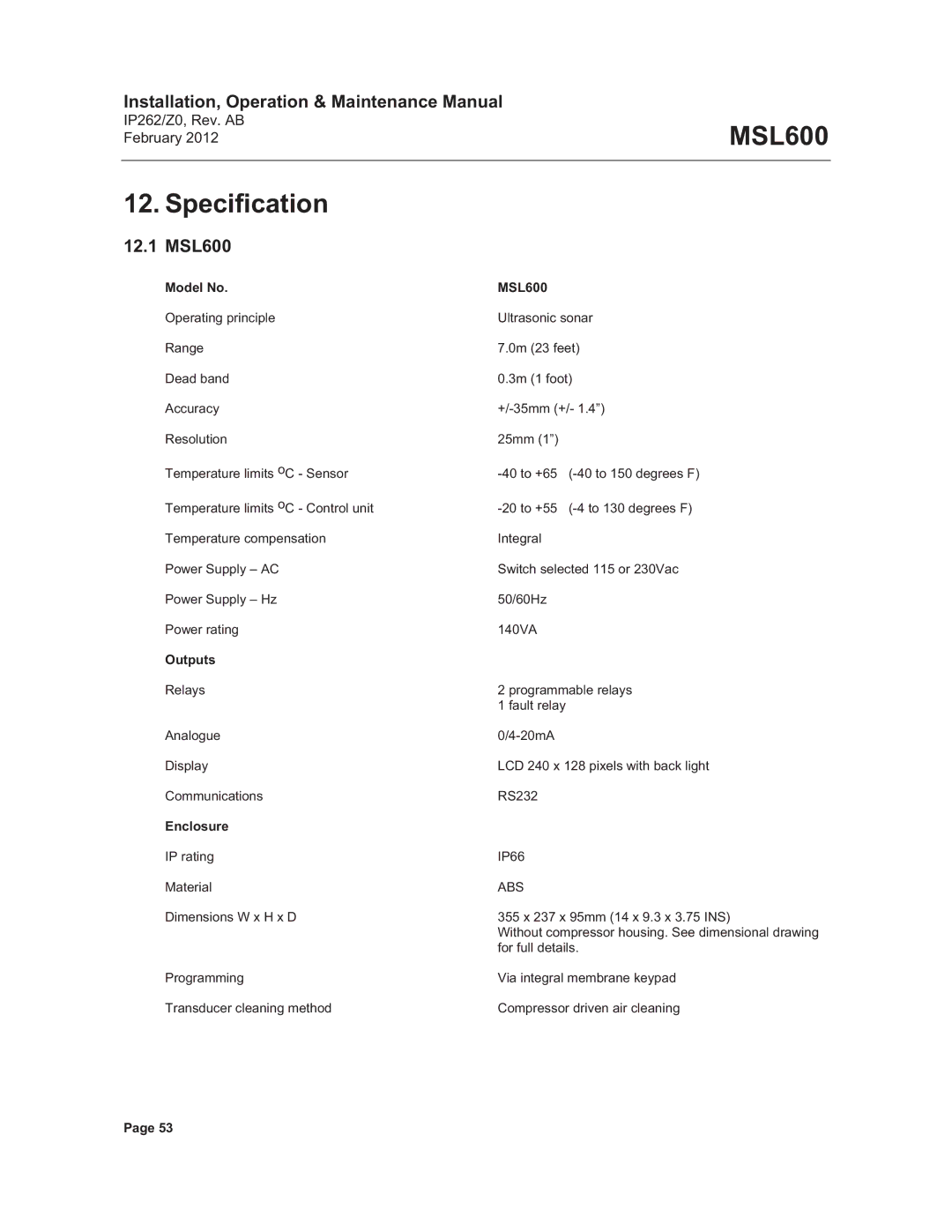 Emerson Process Management manual Specification, 12.1 MSL600, Model No, Outputs, Enclosure 