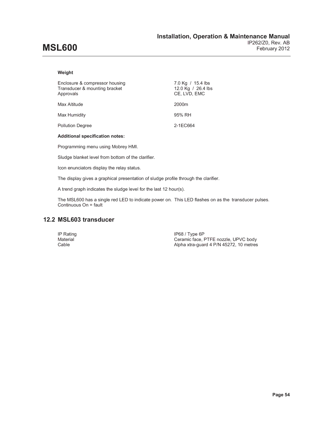 Emerson Process Management MSL600 manual 12.2 MSL603 transducer, Weight, Additional specification notes 