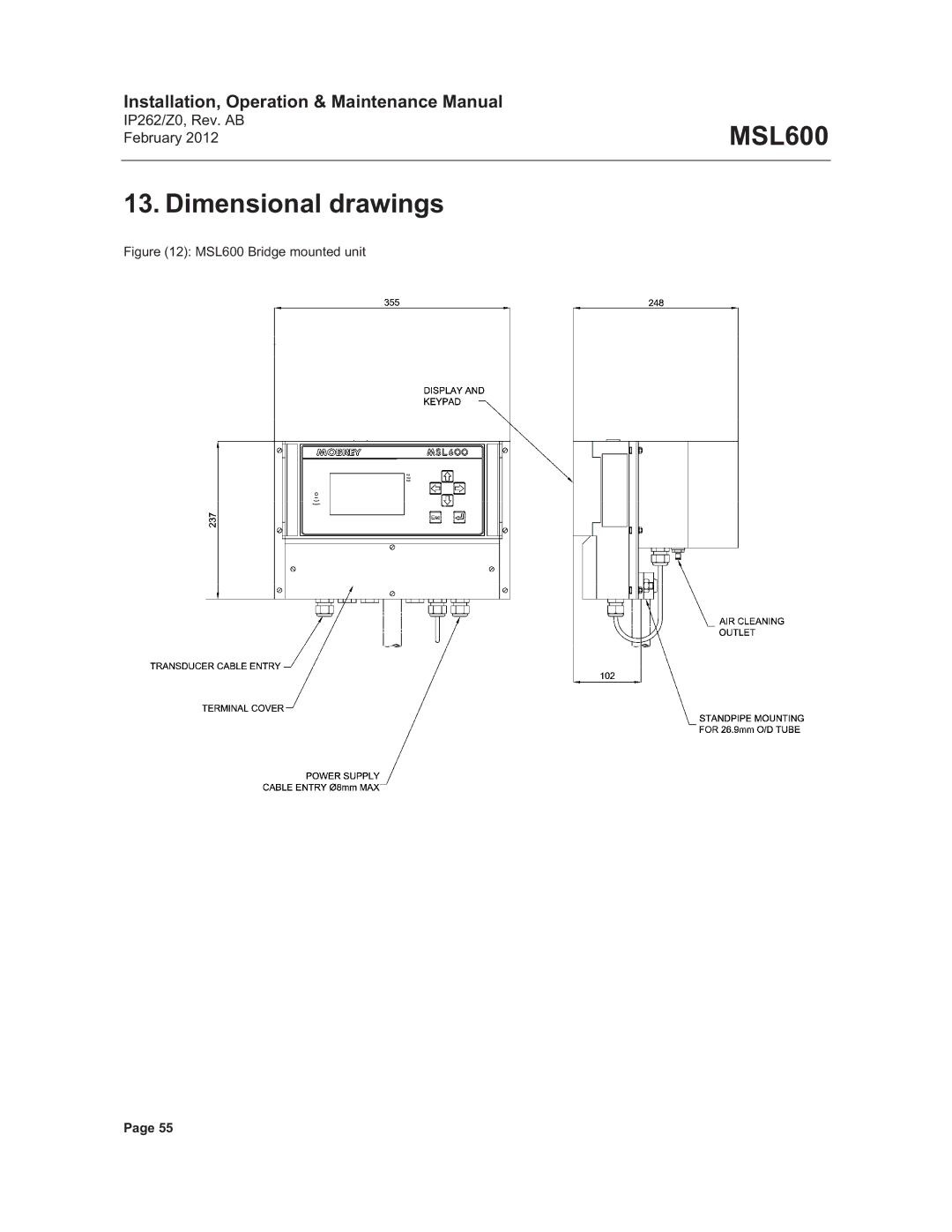 Emerson Process Management manual Dimensional drawings, MSL600 Bridge mounted unit 