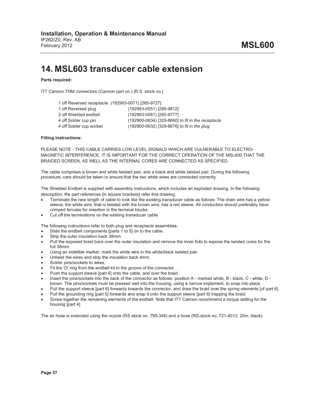 Emerson Process Management MSL600 manual MSL603 transducer cable extension, Parts required, Fitting instructions 