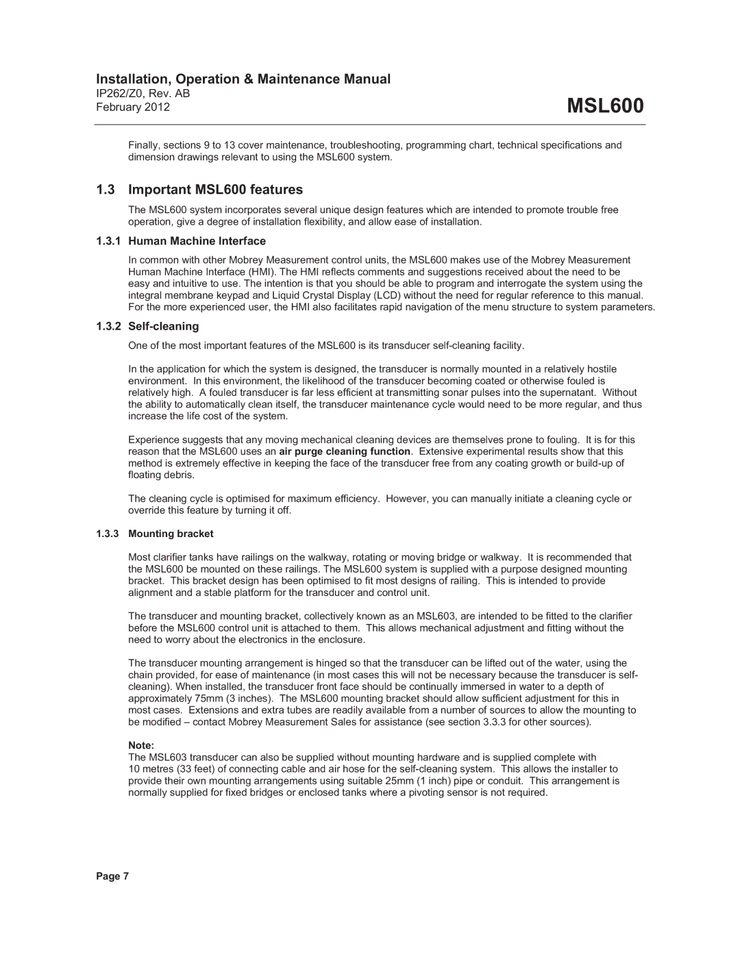 Emerson Process Management manual Important MSL600 features, Human Machine Interface, Self-cleaning, Mounting bracket 