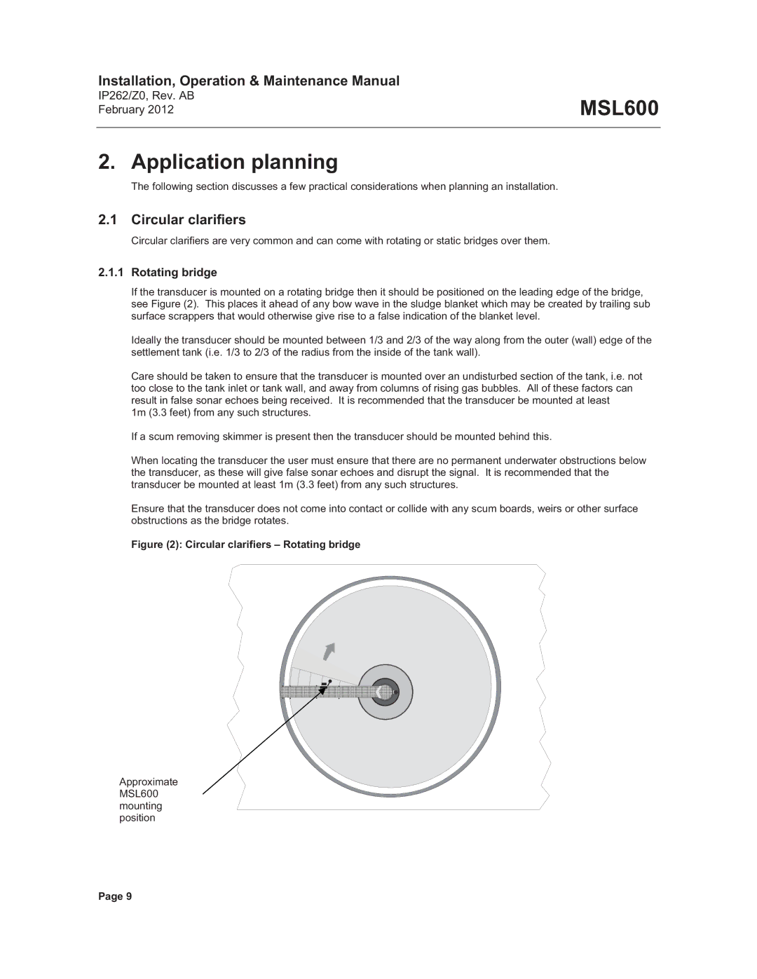 Emerson Process Management MSL600 manual Application planning, Circular clarifiers, Rotating bridge 