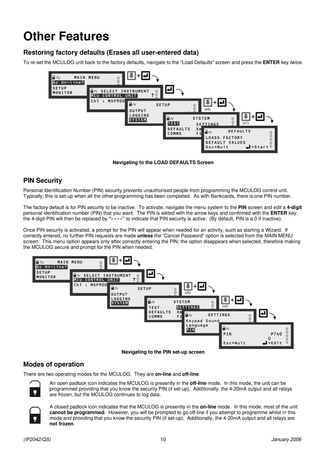 Emerson Process Management MSP-ULOG1 Other Features, Restoring factory defaults Erases all user-entered data, PIN Security 