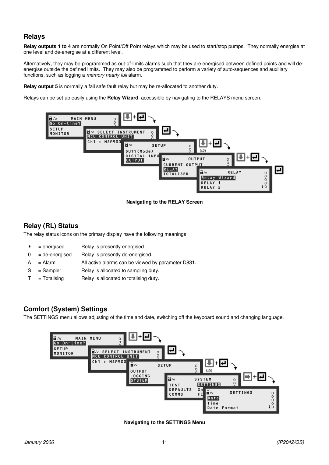 Emerson Process Management MSP-ULOG1 Relays, Relay RL Status, Comfort System Settings, Navigating to the Relay Screen 