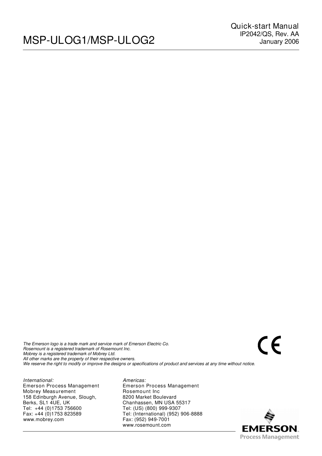Emerson Process Management MSP-ULOG1 quick start Emerson Process Management Mobrey Measurement Rosemount Inc 