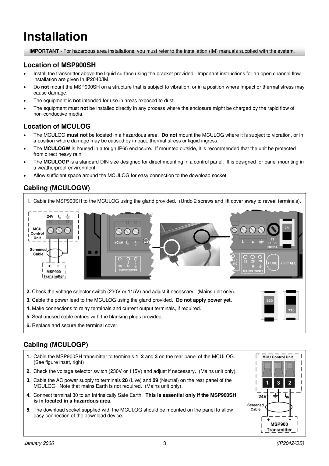 Emerson Process Management MSP-ULOG1 quick start Installation, Location of MSP900SH, Location of Mculog, Cabling Mculogw 