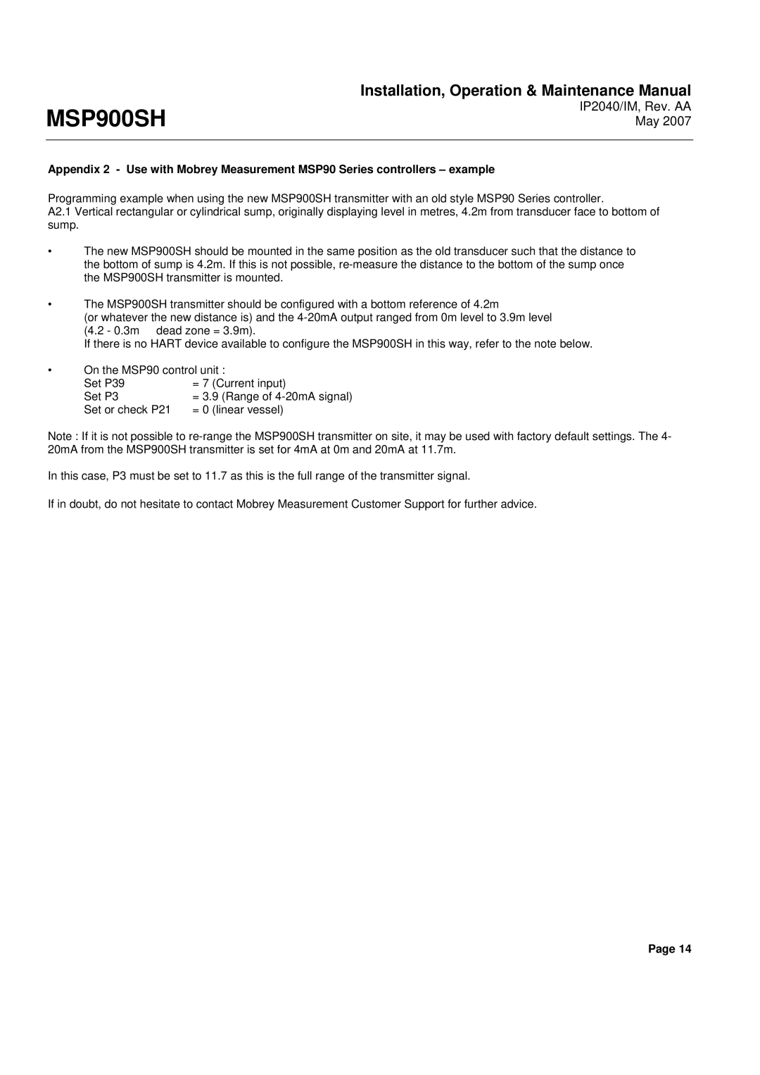 Emerson Process Management MSP900SH manual = 3.9 Range of 4-20mA signal 