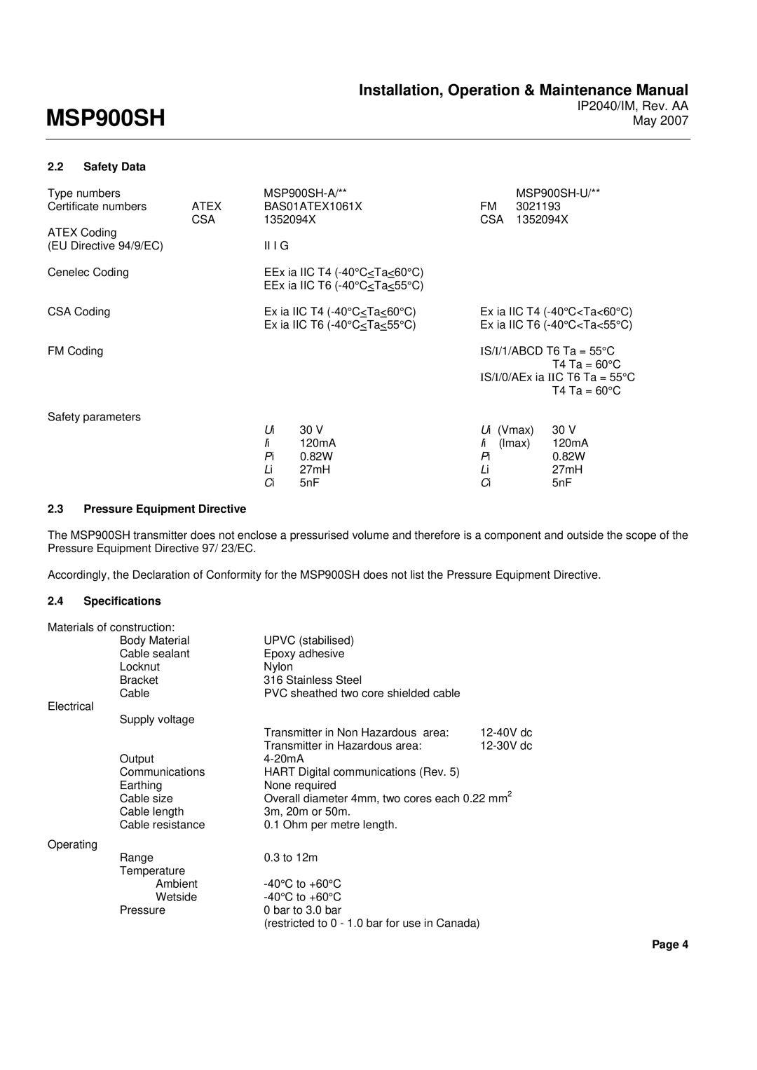 Emerson Process Management MSP900SH manual Safety Data, Pressure Equipment Directive, Specifications 