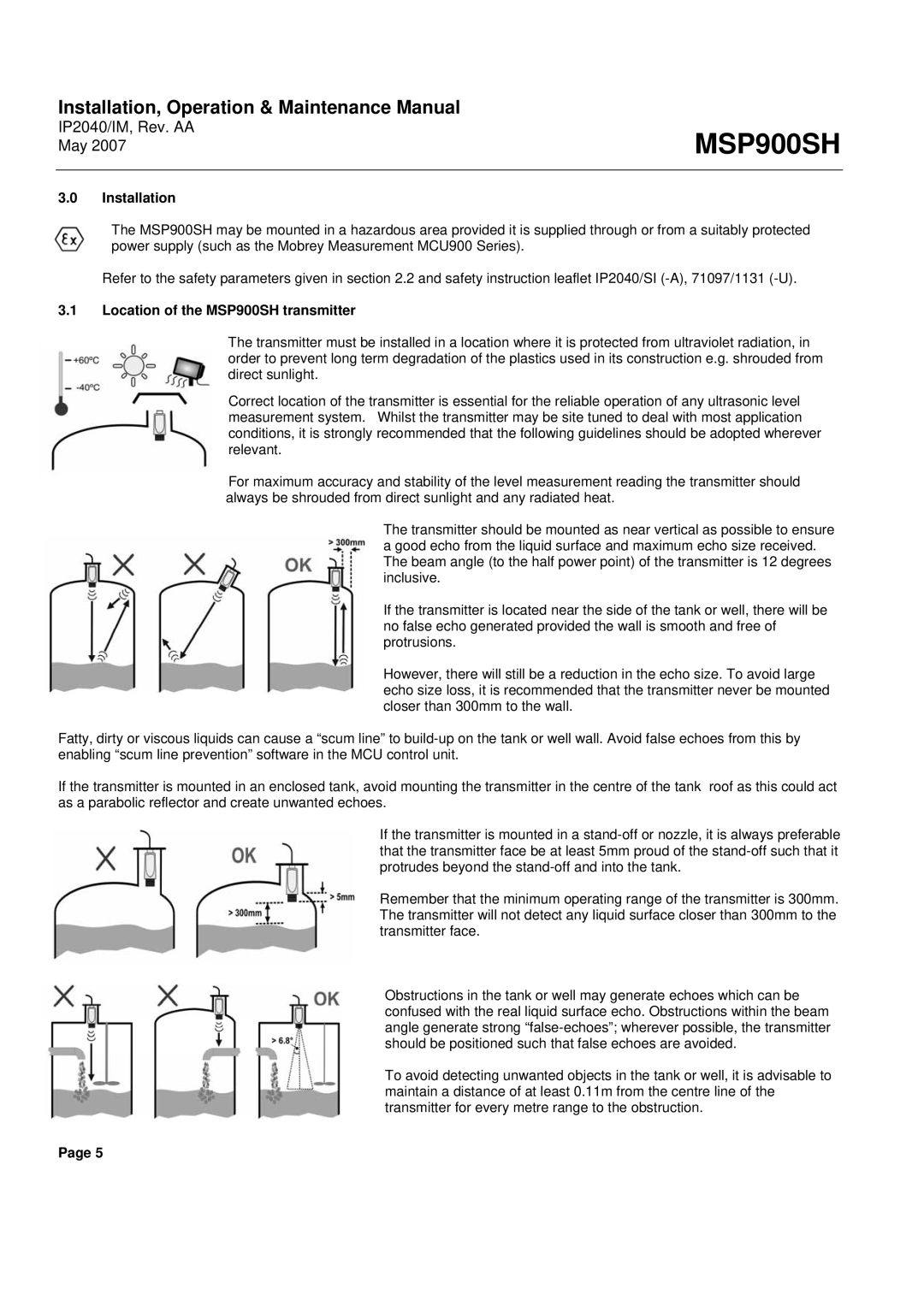 Emerson Process Management manual Installation, Location of the MSP900SH transmitter 