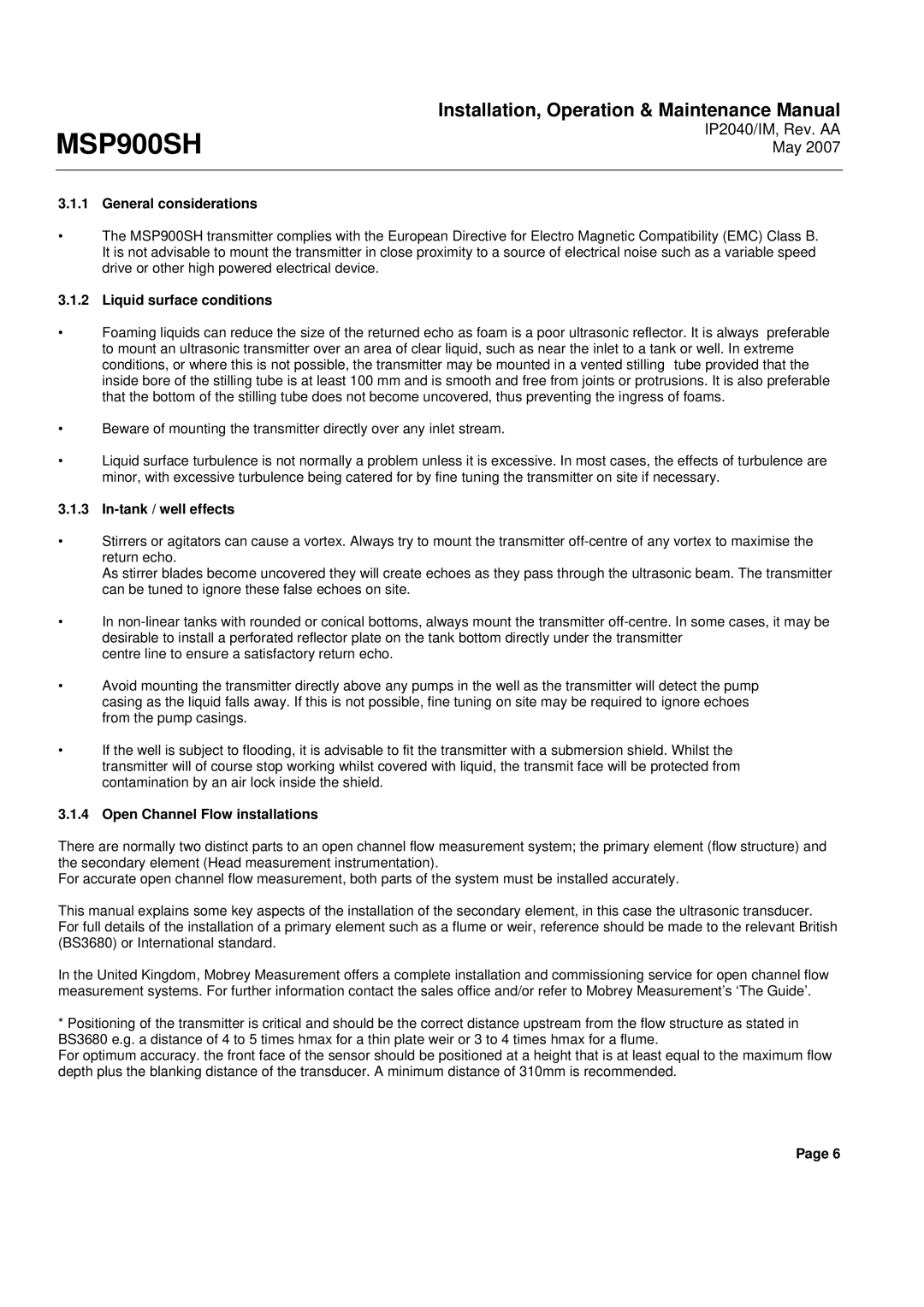 Emerson Process Management MSP900SH manual General considerations, Liquid surface conditions, In-tank / well effects 