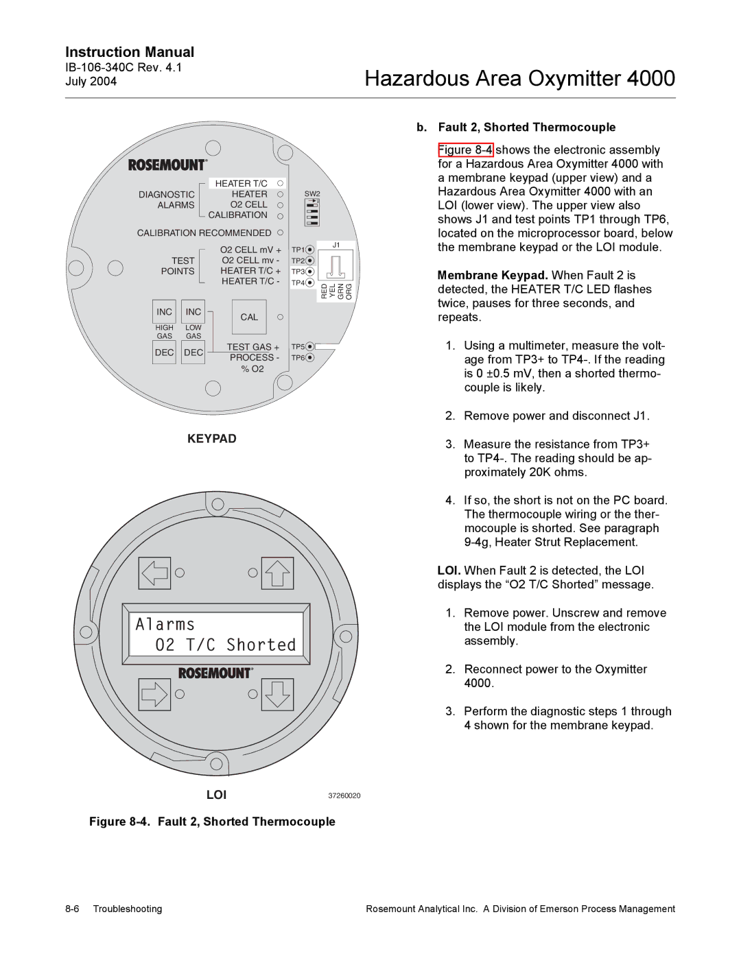 Emerson Process Management OXYMITTER 4000 instruction manual Alarms O2 T/C Shorted, Fault 2, Shorted Thermocouple 