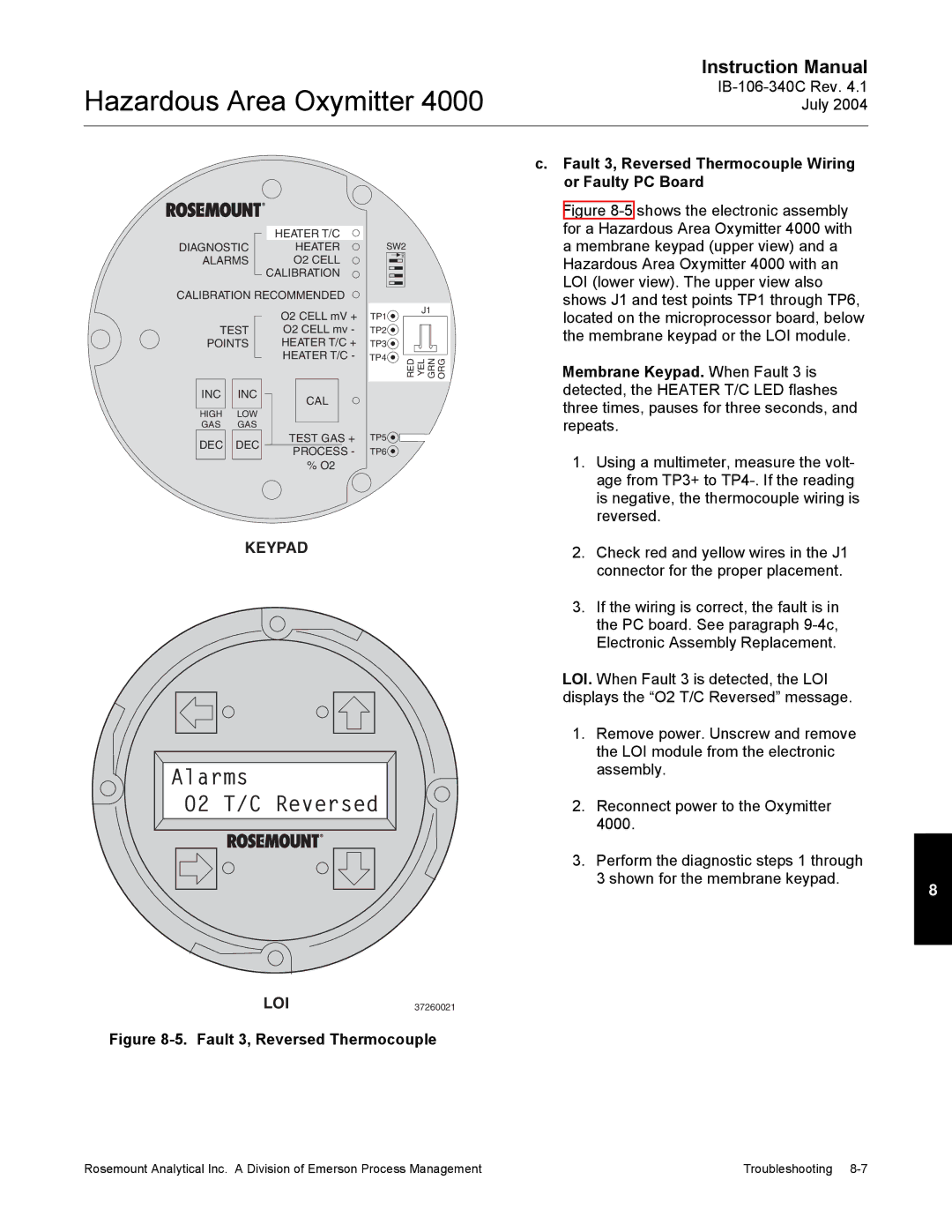 Emerson Process Management OXYMITTER 4000 instruction manual Alarms O2 T/C Reversed, Fault 3, Reversed Thermocouple Wiring 