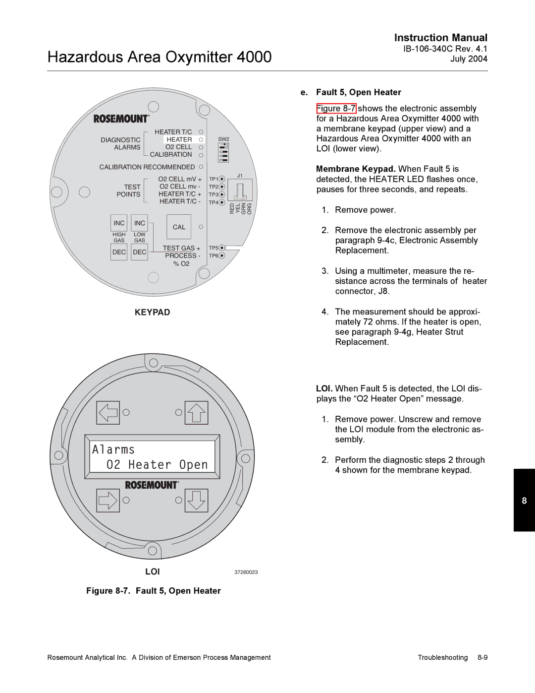 Emerson Process Management OXYMITTER 4000 Alarms O2 Heater Open, Fault 5, Open Heater, Membrane Keypad. When Fault 5 is 