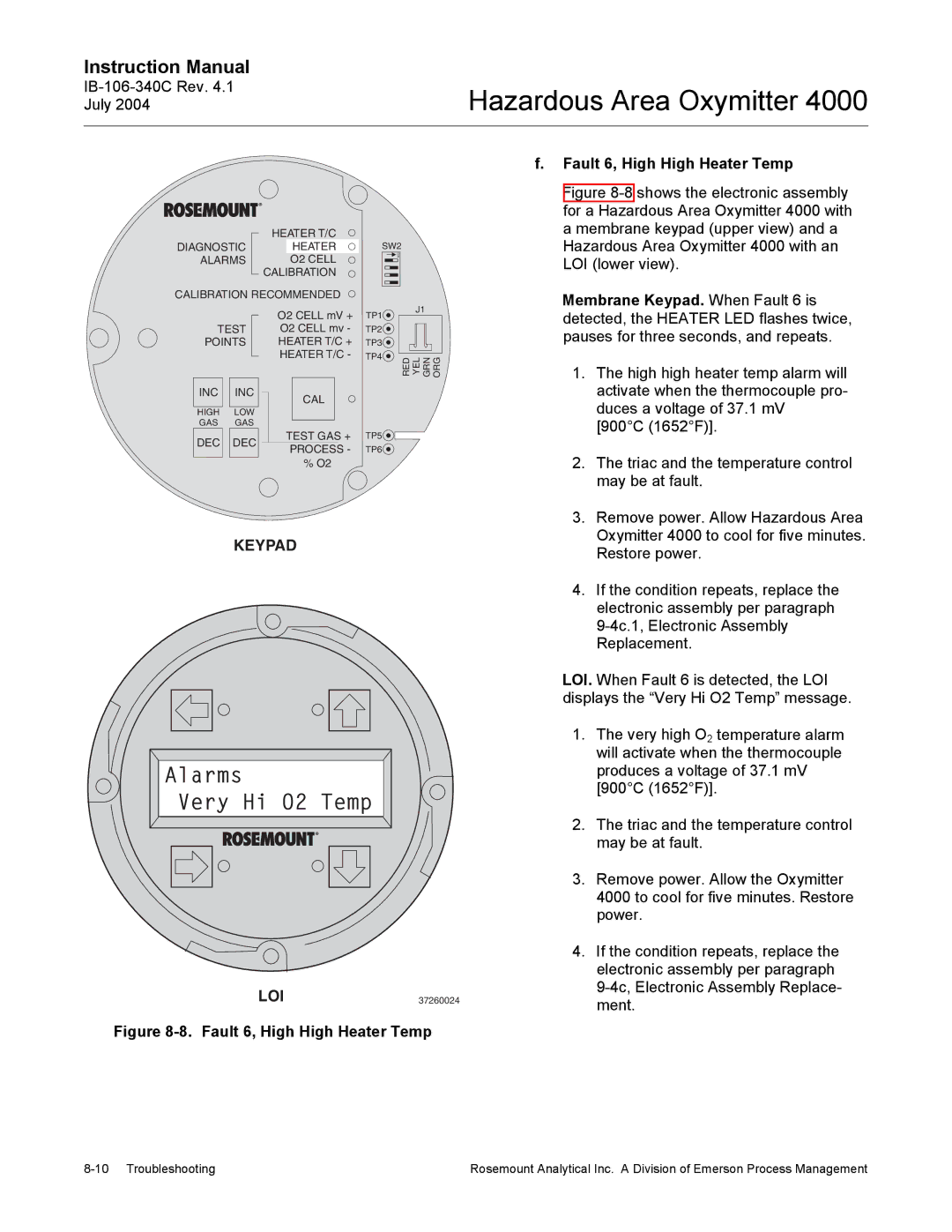 Emerson Process Management OXYMITTER 4000 instruction manual Alarms Very Hi O2 Temp, Fault 6, High High Heater Temp 