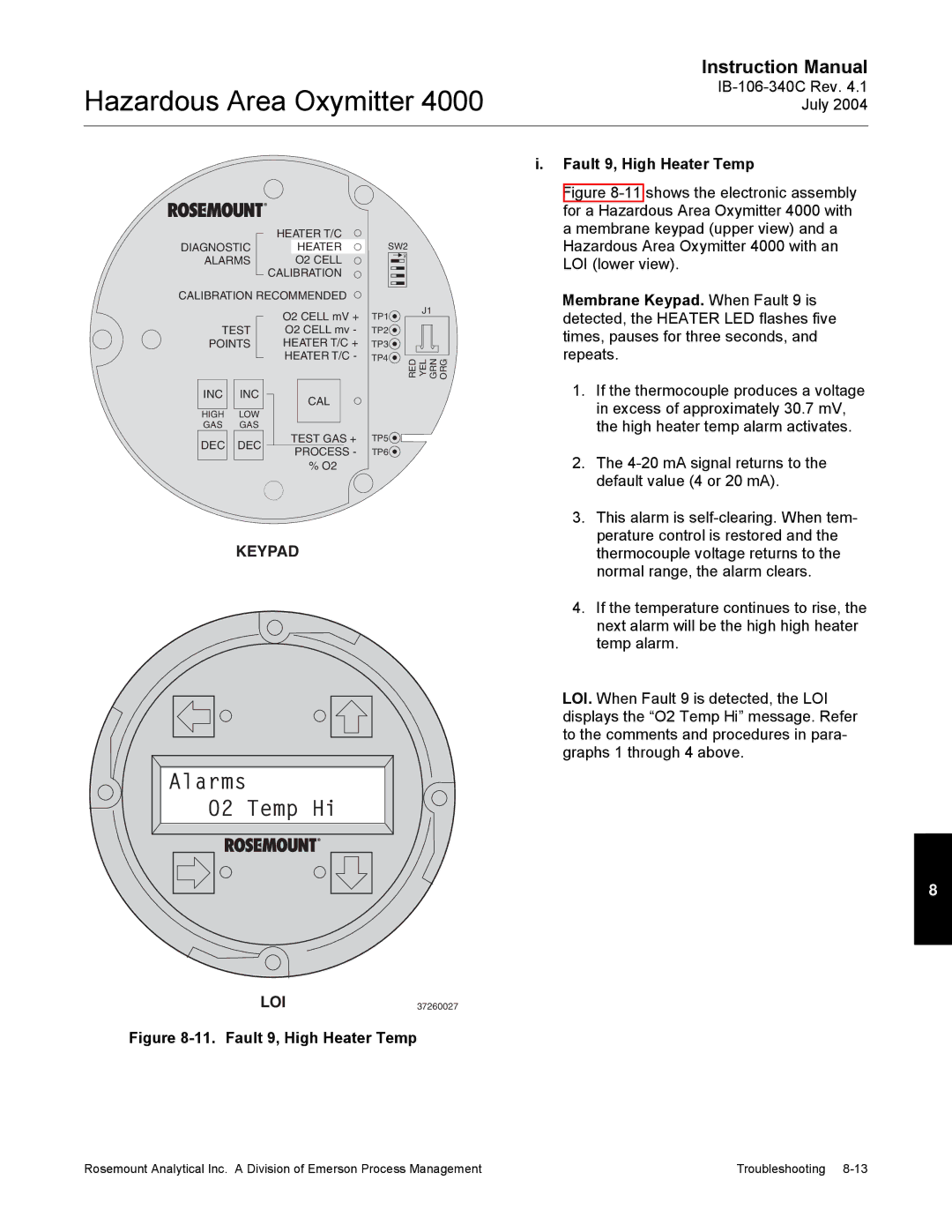 Emerson Process Management OXYMITTER 4000 Alarms O2 Temp Hi, Fault 9, High Heater Temp, Membrane Keypad. When Fault 9 is 