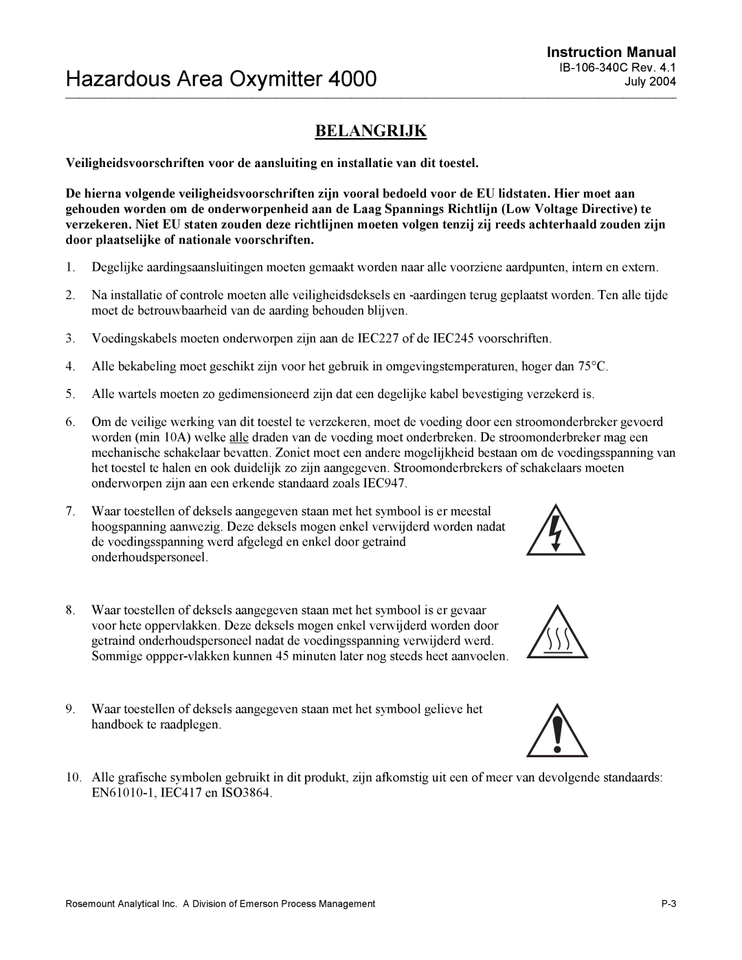 Emerson Process Management OXYMITTER 4000 instruction manual Belangrijk 