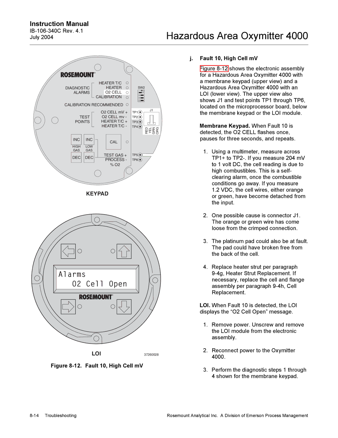 Emerson Process Management OXYMITTER 4000 Alarms O2 Cell Open, Fault 10, High Cell mV, Membrane Keypad. When Fault 10 is 