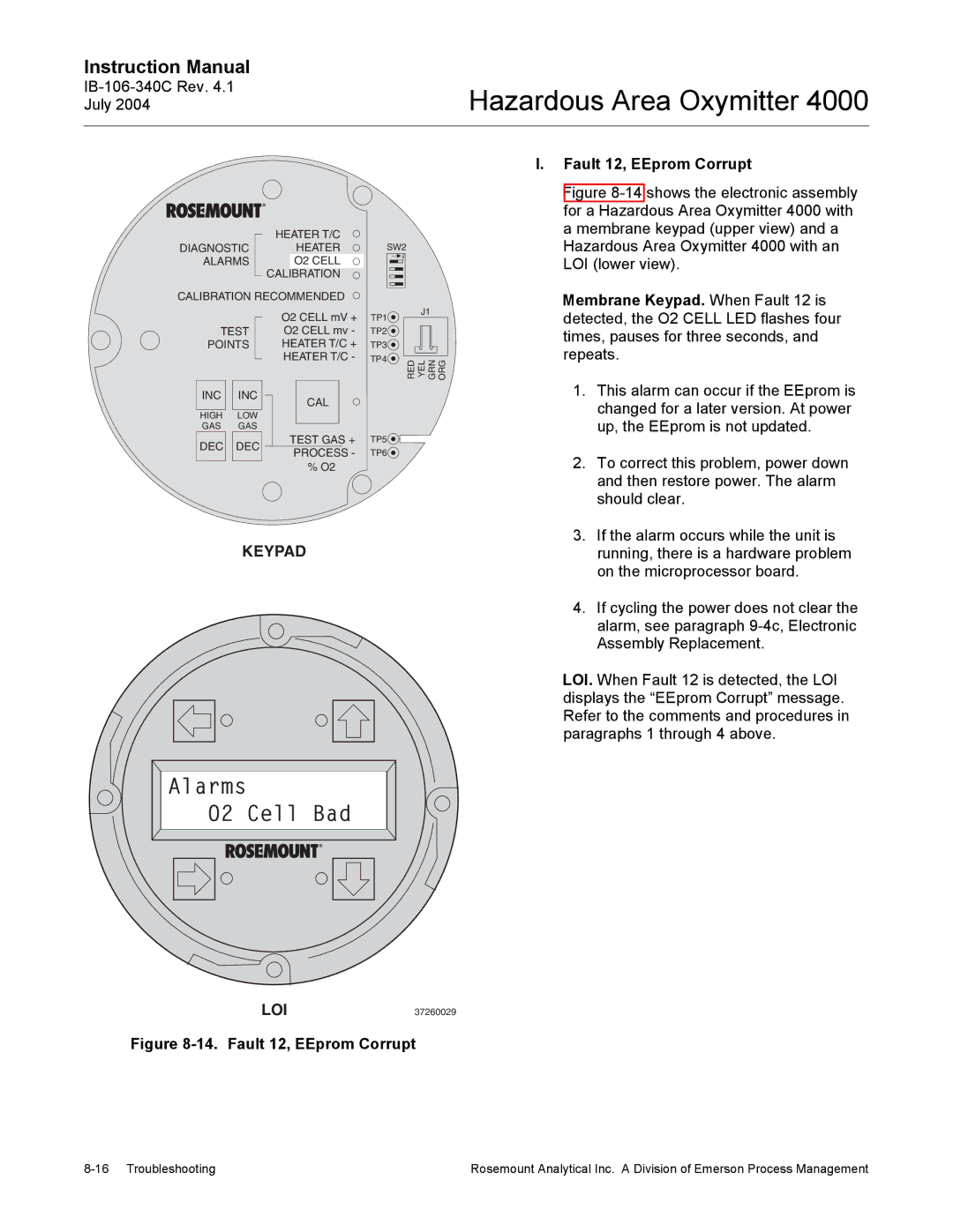 Emerson Process Management OXYMITTER 4000 instruction manual Fault 12, EEprom Corrupt, Membrane Keypad. When Fault 12 is 