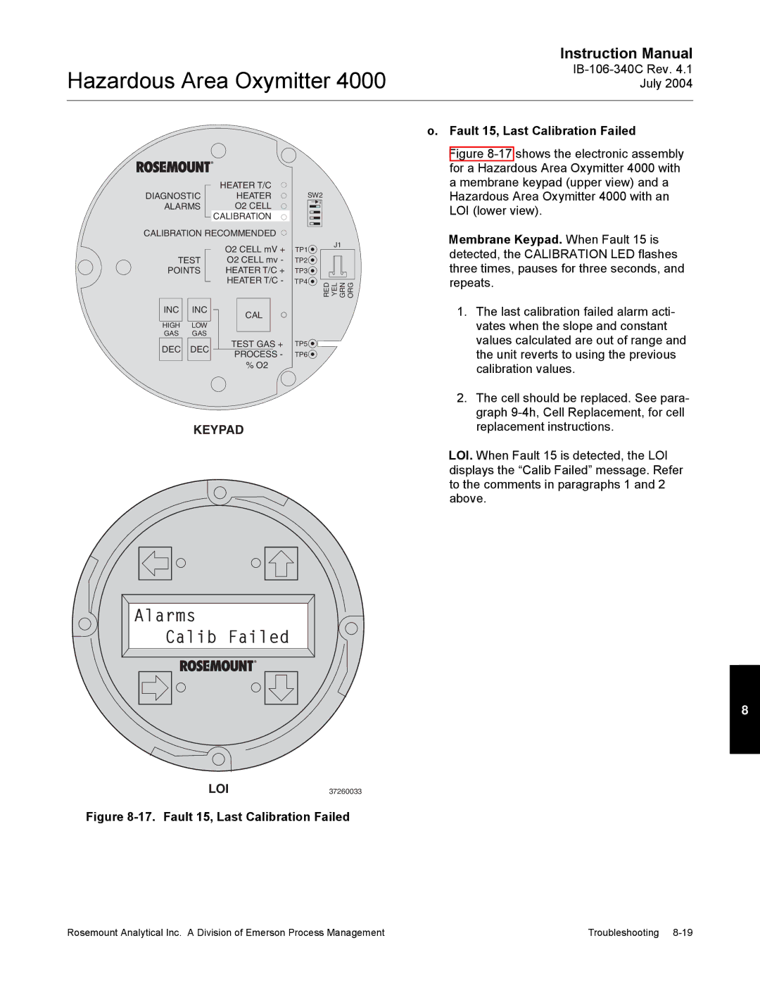 Emerson Process Management OXYMITTER 4000 instruction manual Alarms Calib Failed, Fault 15, Last Calibration Failed 