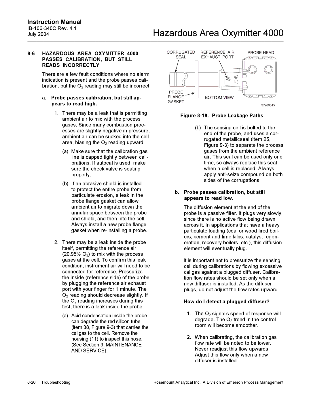 Emerson Process Management OXYMITTER 4000 instruction manual Probe passes calibration, but still ap- pears to read high 