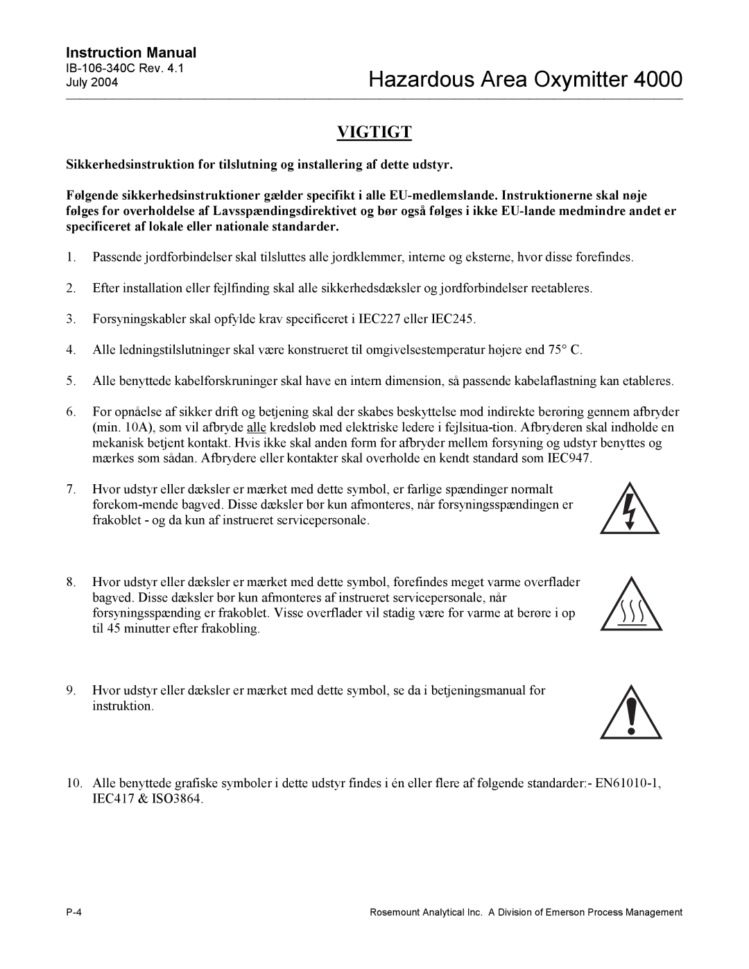 Emerson Process Management OXYMITTER 4000 instruction manual Vigtigt 