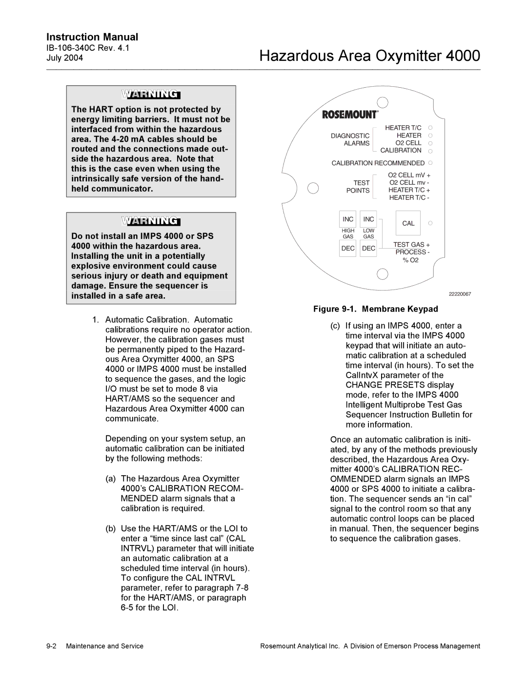 Emerson Process Management OXYMITTER 4000 instruction manual Installed in a safe area, Membrane Keypad 