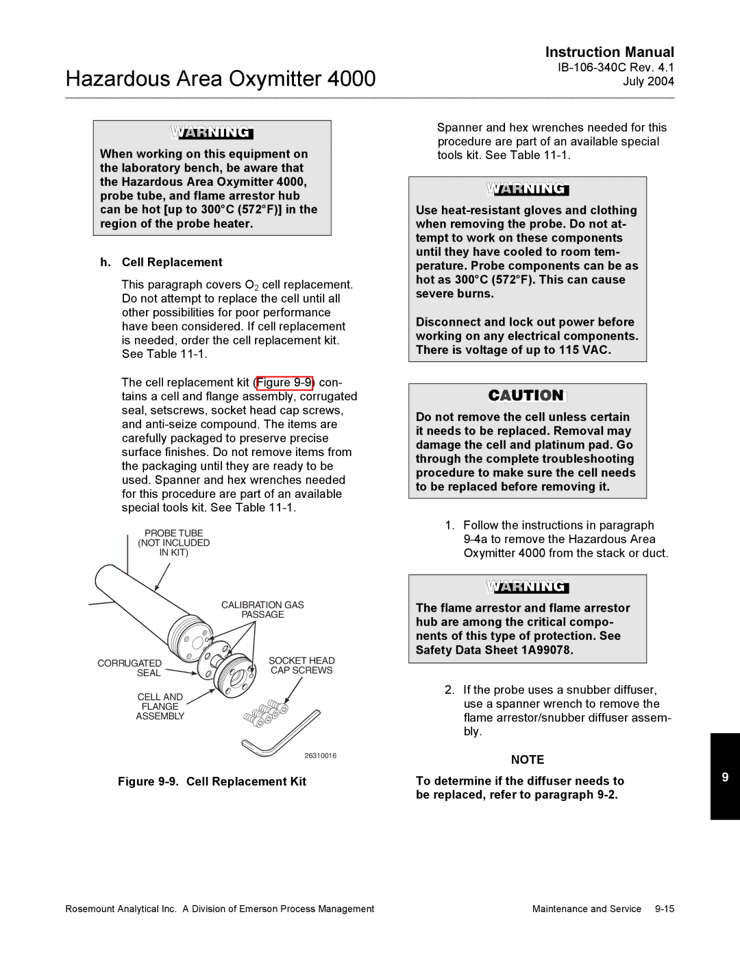 Emerson Process Management OXYMITTER 4000 instruction manual Cell Replacement Kit 