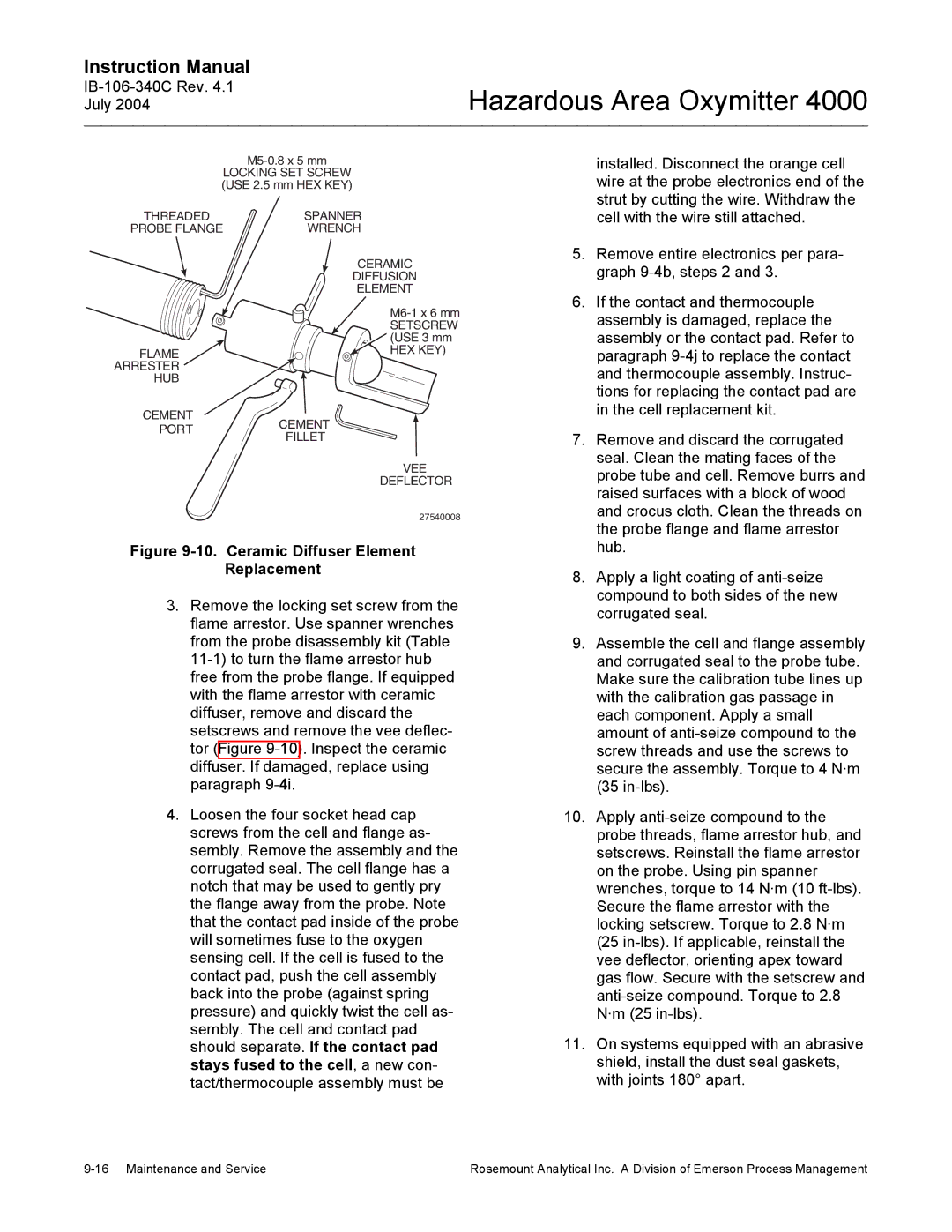 Emerson Process Management OXYMITTER 4000 instruction manual Ceramic Diffuser Element Replacement 