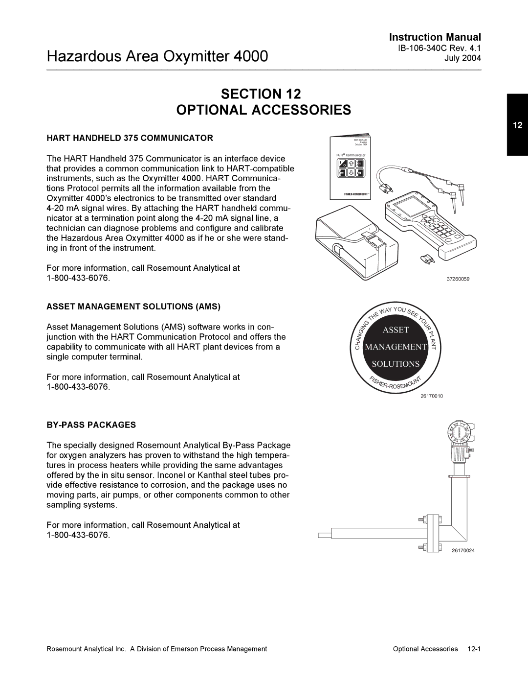 Emerson Process Management OXYMITTER 4000 Section Optional Accessories, Hart Handheld 375 Communicator, BY-PASS Packages 