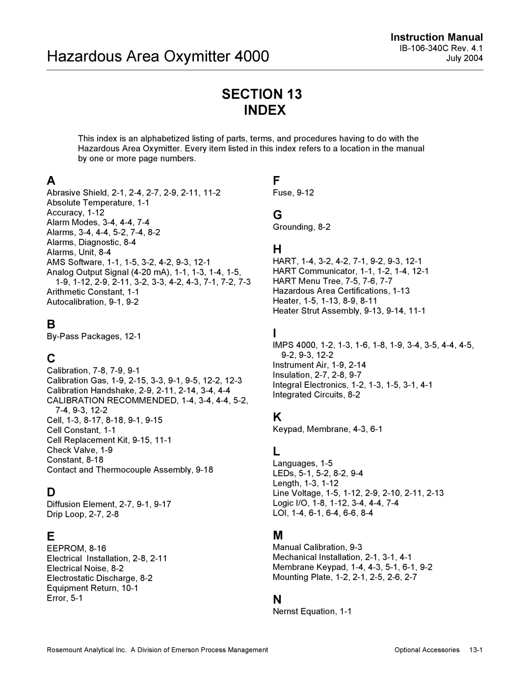 Emerson Process Management OXYMITTER 4000 instruction manual Section Index 