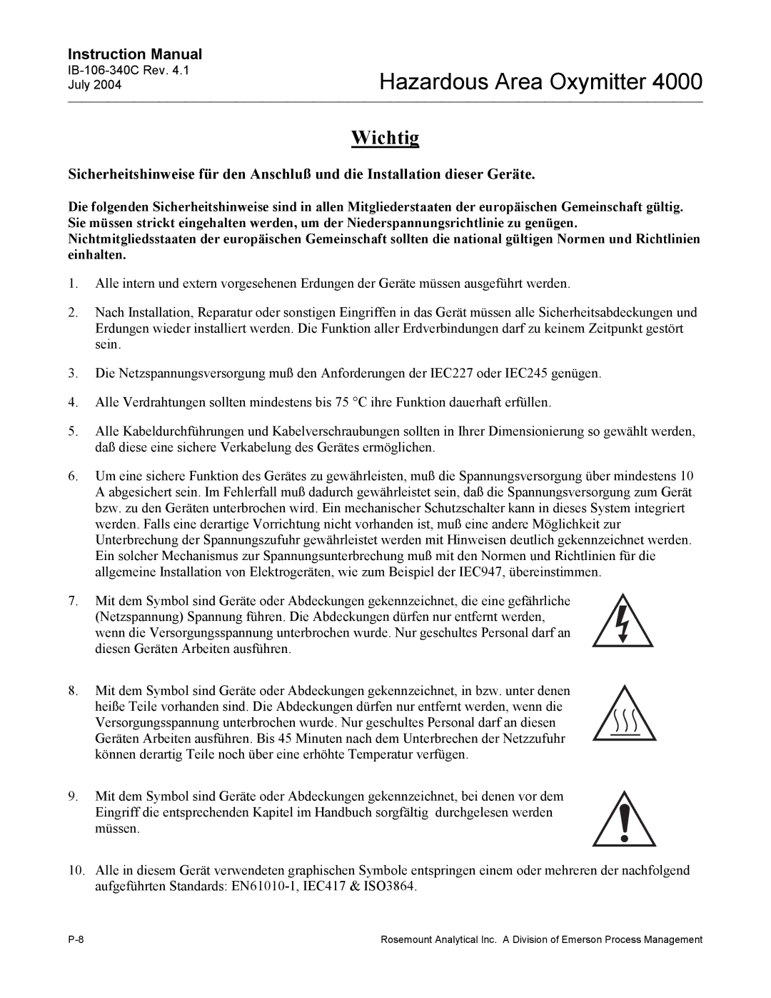 Emerson Process Management OXYMITTER 4000 instruction manual Wichtig 