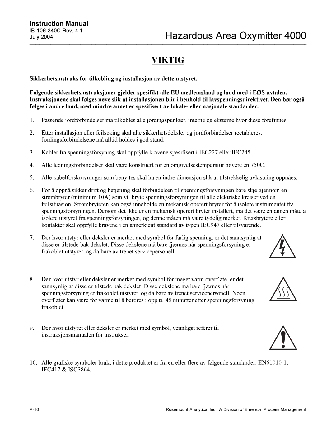 Emerson Process Management OXYMITTER 4000 instruction manual Viktig 