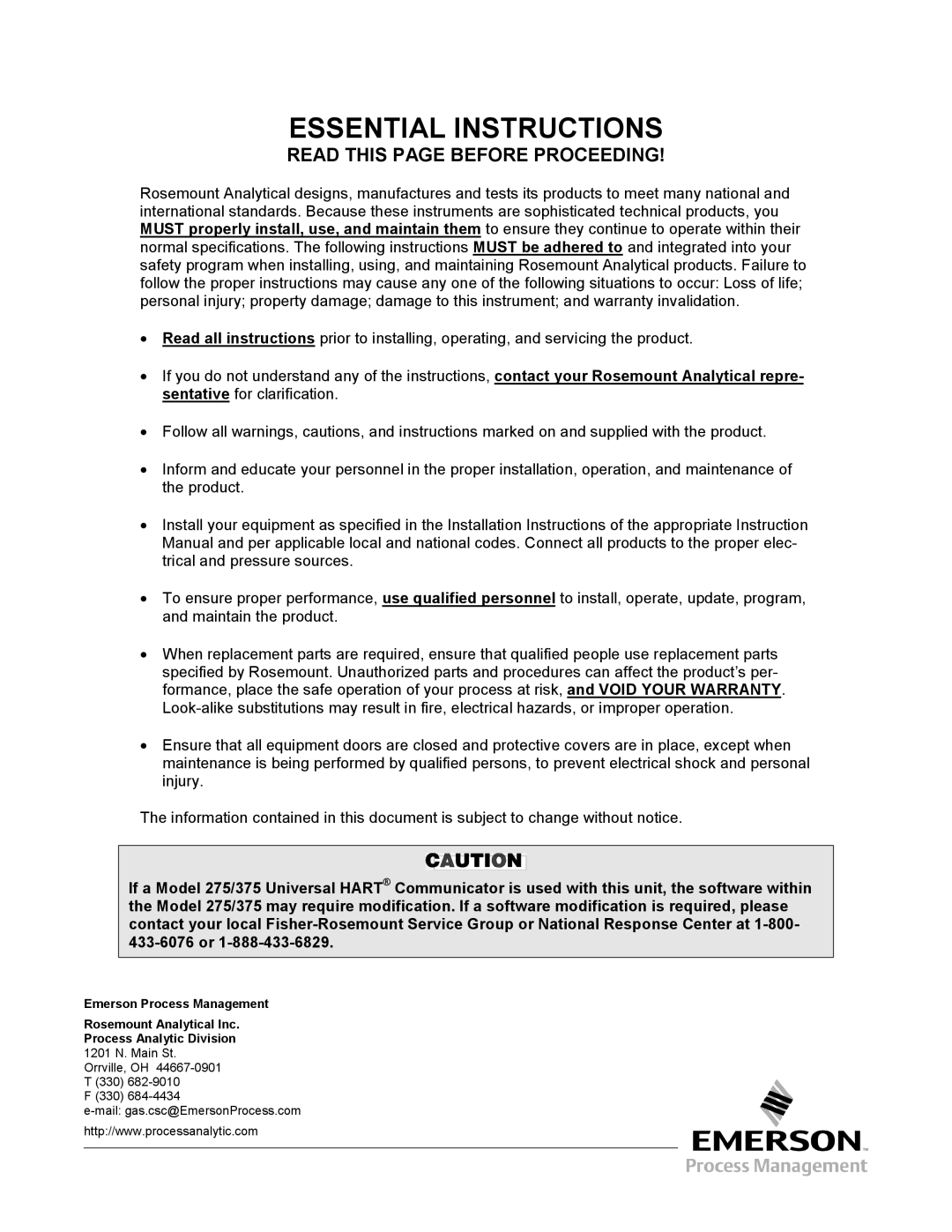 Emerson Process Management OXYMITTER 4000 instruction manual Essential Instructions 