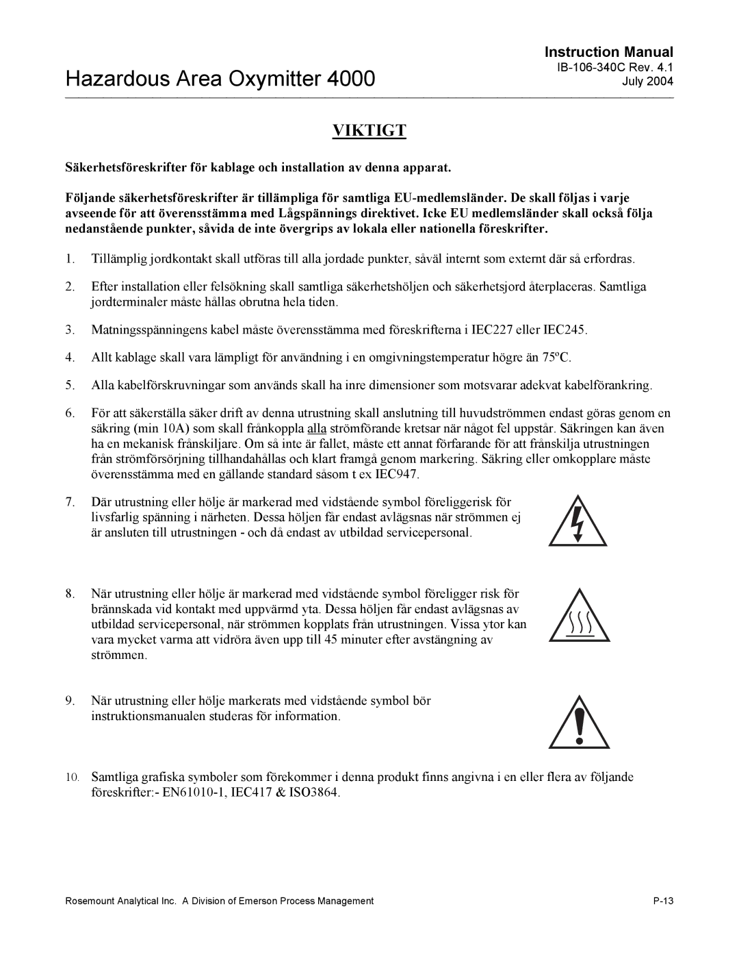 Emerson Process Management OXYMITTER 4000 instruction manual Viktigt 