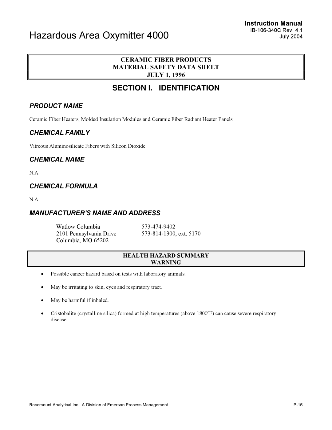 Emerson Process Management OXYMITTER 4000 instruction manual Section I. Identification 