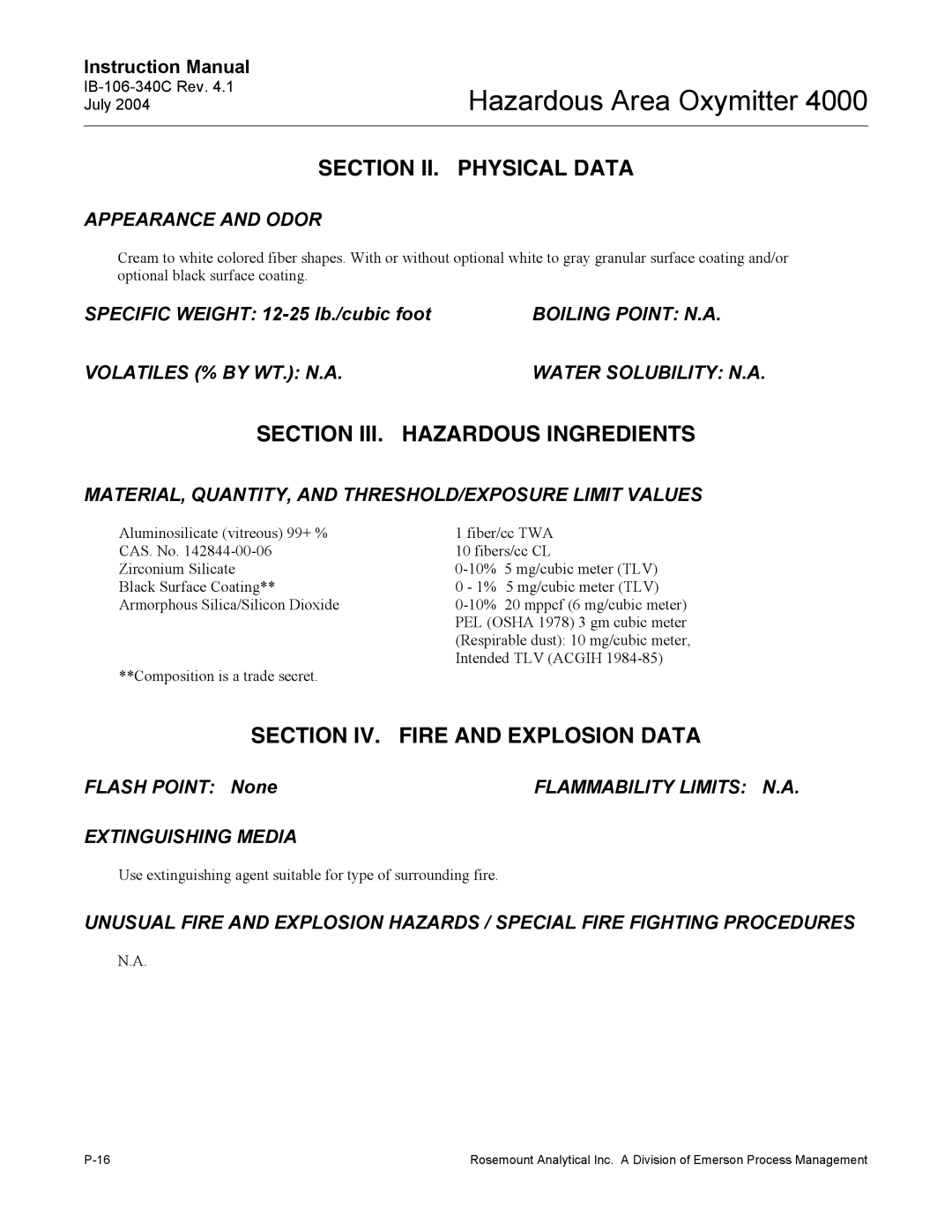 Emerson Process Management OXYMITTER 4000 instruction manual Section II. Physical Data 