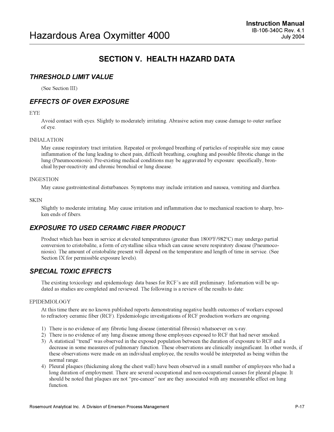 Emerson Process Management OXYMITTER 4000 instruction manual Section V. Health Hazard Data 