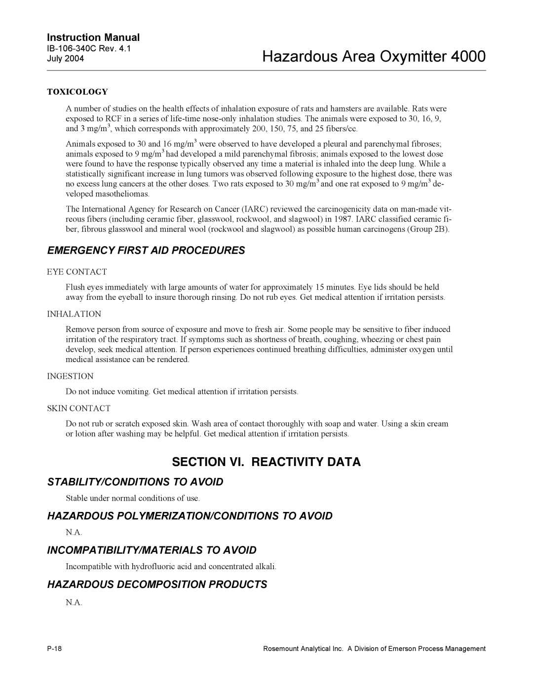 Emerson Process Management OXYMITTER 4000 instruction manual Section VI. Reactivity Data 