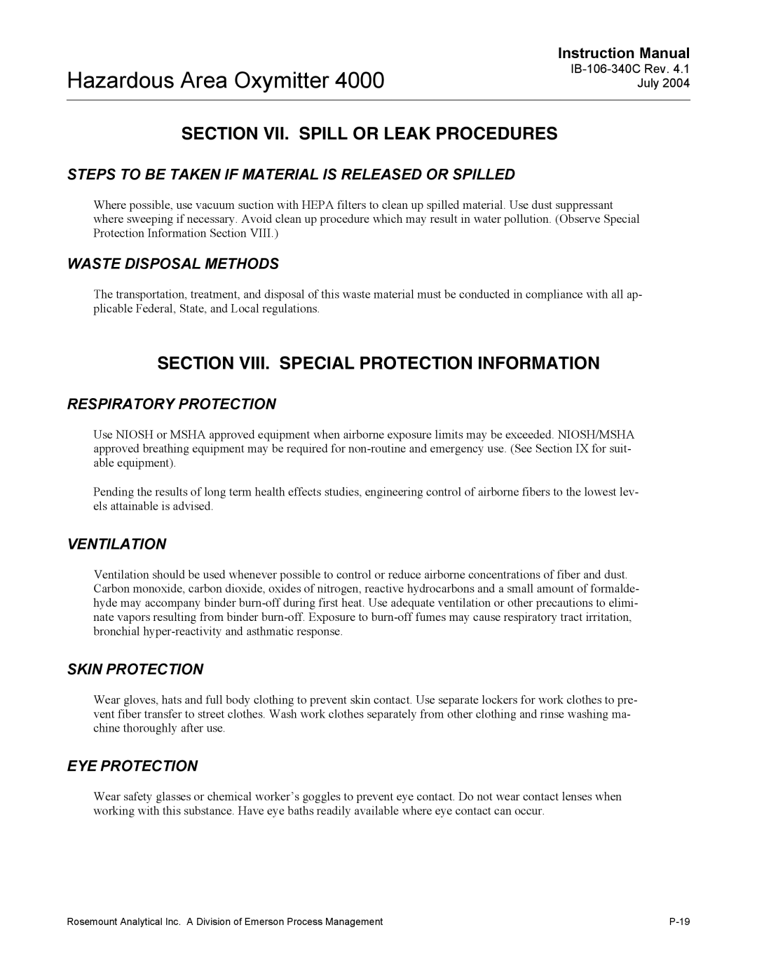 Emerson Process Management OXYMITTER 4000 instruction manual Section VII. Spill or Leak Procedures 